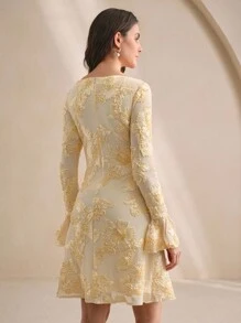 Anewsta Váy ngắn thêu tay chuông màu vàng kem thanh lịch, buộc dây phía trước, thích hợp cho sự kiện đám cưới, mùa thu - Màu be - Xem 2