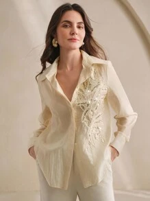 Anewsta Women's Elegant Embroidered Sheer Long Sleeve Blouse - Khaki - View 6
