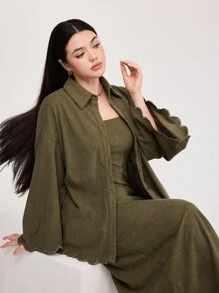 Veilorie 2 件女士休闲纯色长袖单排扣夹克和宽松吊带裙套装，秋季 2 件套 - 軍綠色 - 查看 1