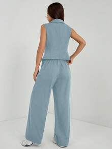 SHEIN PETITE 两件套秋季服装 2 件套女士纯色无袖上衣和裤子秋季衣服 - 霧霾藍 - 查看 2