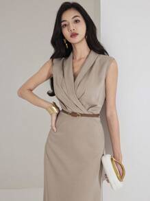 Heiryn Váy không tay màu trơn thanh lịch dành cho nữ, mùa hè - Màu Khaki - Xem 2