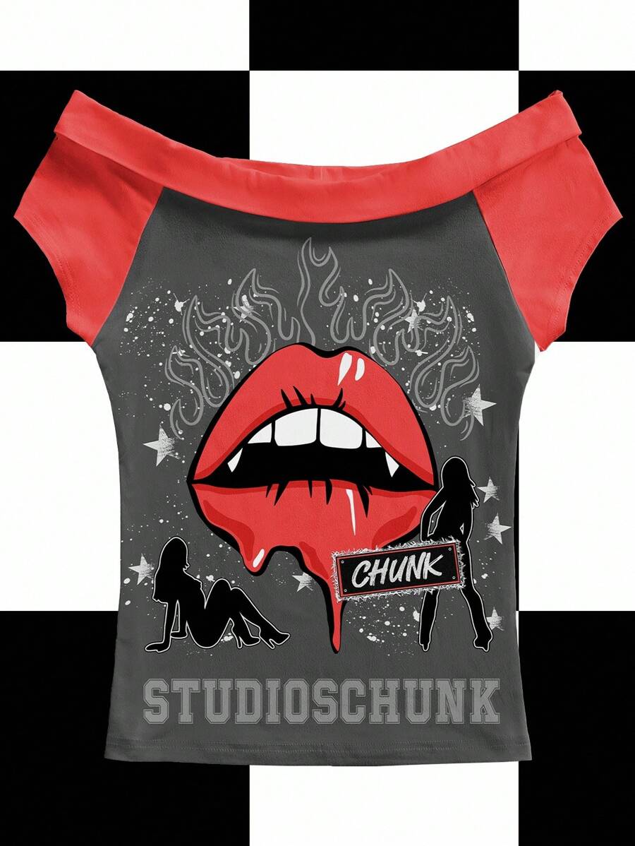 Studio Chunk Women's Off Shoulder Fitted Short Sleeve T-Shirt, Grey, Red, Color Block, Flame, Star, Splatter, Lips, Vampire, Silhouette, Sexy, Dark, Halloween, Hottie, Street Style, Y2K, Casual, Suitable For Autumn/Winter, Parties, Clubs, Daily Wear Punk Tops Clubbing Tops Basic Tops - Grey - View 1