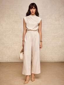 House of One Pleated High Neck Solid Sleeveless Pockets Jumpsuits Women Casual Old Money Fall Women Clothes Elegant Office Business Summer Autumn Elegant Jumpsuit Sleeveless Jumpsuit Wide Leg Jumpsuit Fall Outfits Business Professional Women Business Casual Woman