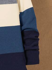 男童休闲撞色条纹针织圆领套头毛衣，秋冬季上衣 - 霧霾藍 - 查看 8