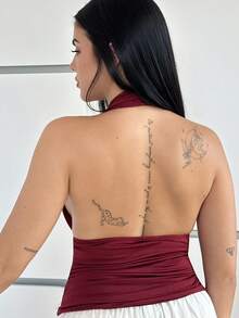 性感女士纯色简约休闲露背上衣春夏度假伊比沙岛海滩度假狂欢装 - 酒紅色 - 查看 2