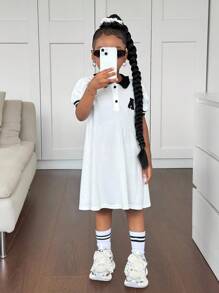 SHEIN Vestido corto de manga corta con cuello polo de punto y bloques de color casual y elegante para niña joven - Multicolor - Ver 5