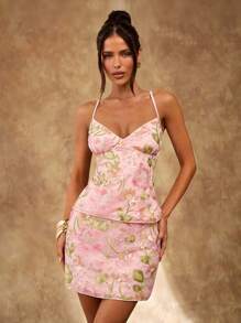 SHEIN BAE 优雅串珠花卉露肩露背吊带背心，适合海滩度假，夏季，可爱串珠吊带背心，露背吊带背心 - 淺粉色 - 查看 6