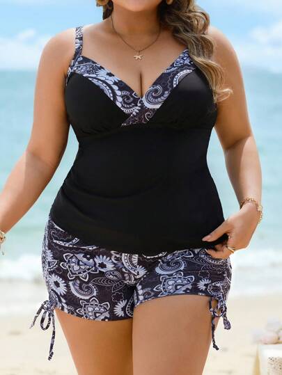 Swim Lushoire 大码佩斯利印花休闲度假全覆盖短裤比基尼泳装，露背比基尼上衣