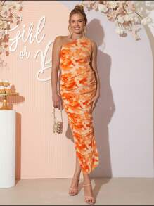 Loomaby Tie Dye Sleeveless Maternity Dress, Stylish Fitted Casual Summer Orange Dress - Orange - View 4