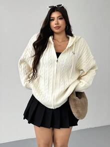 SHEIN EZwear Plus Size Casual Fashionable Versatile Zip-Up Long Sleeve Hooded Cardigans Knitwear Hooded Sweater Zip Up Sweater Cable Knit Sweater In Fall/Winter