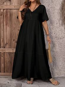 EMERY ROSE Plus Size V-Neck Plant Print Loose Casual Long Dress,Country Casual Vacation Outfits Woman,Simple And Fashionable For Everyday Wear,Summer Tops Women,Summer Outfits For Women,Flowy Dress,Sun Dresses Suitable For Going Out,Holiday Outfits For Women Chic Dress,Flower/Spring - Black - View 4