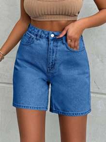 EURMUSE 100%Cotton LIGHT WASH HIGH WAIST SHORT - Dusty Blue - View 3