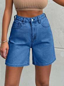 EURMUSE 100%Cotton LIGHT WASH HIGH WAIST SHORT - Dusty Blue - View 6