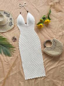Soleia 细肩带 V 领镂空木珠修身女式针织连衣裙，度假露背渐变色长裙，适合度假、约会、下午茶、音乐节、波西米亚风 - 白色 - 查看 4