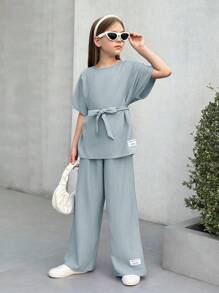 SHEIN Tween Girl 编织纹理宽松落肩系腰字母印花衬衫和阔腿裤两件套，适合春夏季、春季出游、休闲出游、返校 - 霧霾藍 - 查看 8