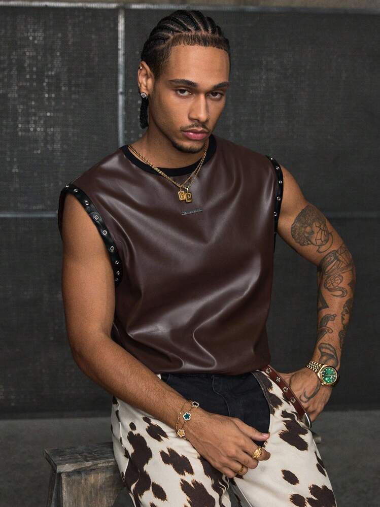 AXEPEAK 男士时尚街头风圆领无袖印花前片上衣 - 棕色 - 查看 3