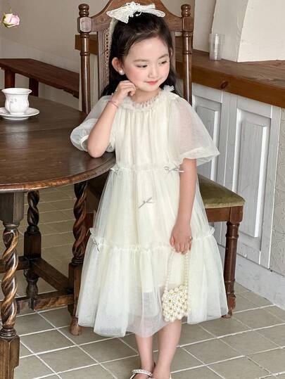 DAZY 韩版少女薄纱蝴蝶结中长派对连衣裙