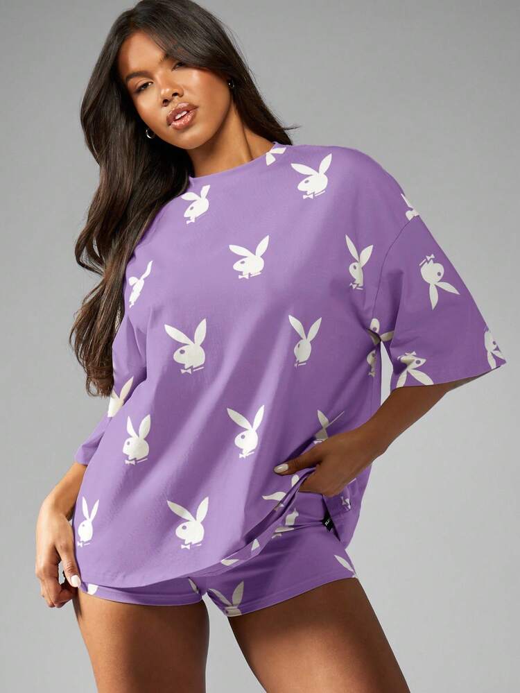 Missguided x Playboy Bunny Print Oversized T Shirt Summer Festival Streetwear Graphic Tee Loungewear Short Sleeve Drop Shoulder Casual Fashion Top