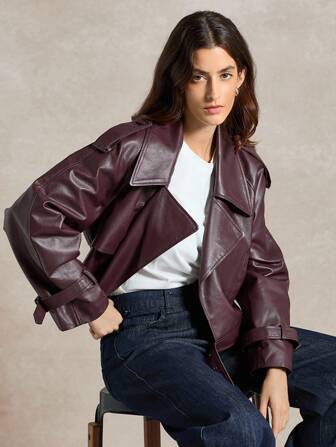 Briarwyn 女士翻领插肩袖宽肩 PU 皮革时尚夹克秋季女士冬季夹克女士冬季女士教师女士老款风格女士；复古