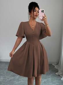 Elenzga Women's Casual Elegant V-Neck Ruffle Sleeve Decorative Button Hem Elastic Waist Short Dress, Suitable For Spring/Summer, Commute, Vacation, Afternoon Tea, Party - Brown - View 7