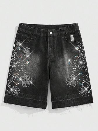 Street Life Shorts vaqueros sueltos con borde deshilachado, decorados con flores y cristales, de moda casual de verano para hombres