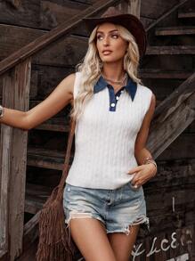 LanaWest Women's Solid Color Denim Collar Elegant Western Style Knit Sweater - White - View 1