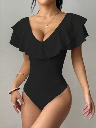Rafferiza Women's Elegant Solid Color Ruffle Trim Bodysuit, Summer