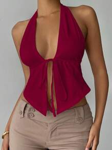 Camiseta de tirantes con cuello halter, cintura con lazo y abertura lateral, unicolor y sexy para mujer - Burdeos - Ver 5