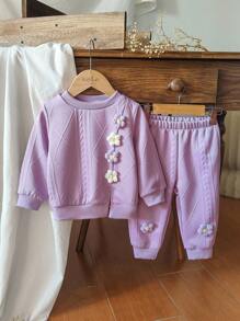 Vintaside Kids 2 pièces Ensemble T-shirt et pantalon de jogging pour bébé fille, style campagnard. Confortable pour la saison de transition printemps/automne, et polyvalent pour le port quotidien - Prune - Voir 4