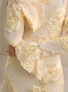 Anewsta Váy ngắn thêu tay chuông màu vàng kem thanh lịch, buộc dây phía trước, thích hợp cho sự kiện đám cưới, mùa thu - Màu be - Xem 7