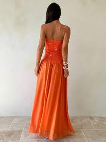 Aloruh Vestido de verano elegante sin tirantes de parches de lentejuelas naranja - Naranja - Ver 3