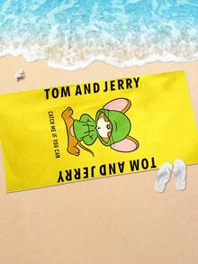 TOM & JERRY X SHEIN Letter & Cartoon Pattern Soft Beach Towel, And Safe, Accompany You To Spend A Refreshing Summer, Super - Fast Water - Absorbing Beach Towel - Yellow - View 3