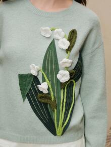 Anewsta Women's French Elegant Dignified Handmade 3D Lily Flower Crochet Embroidery Drop Shoulder Long Sleeve Sweater - Mint Green - View 4