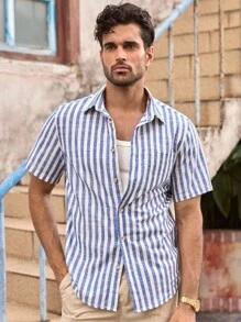 Manfinity VCAY 男士休闲梭织条纹修身短袖衬衫，适合日常穿着，男装，基础款，蓝色衬衫，蓝色衬衫男士蓝色条纹衬衫男士夏季衬衫男士条纹衬衫男士度假装男士短袖衬衫