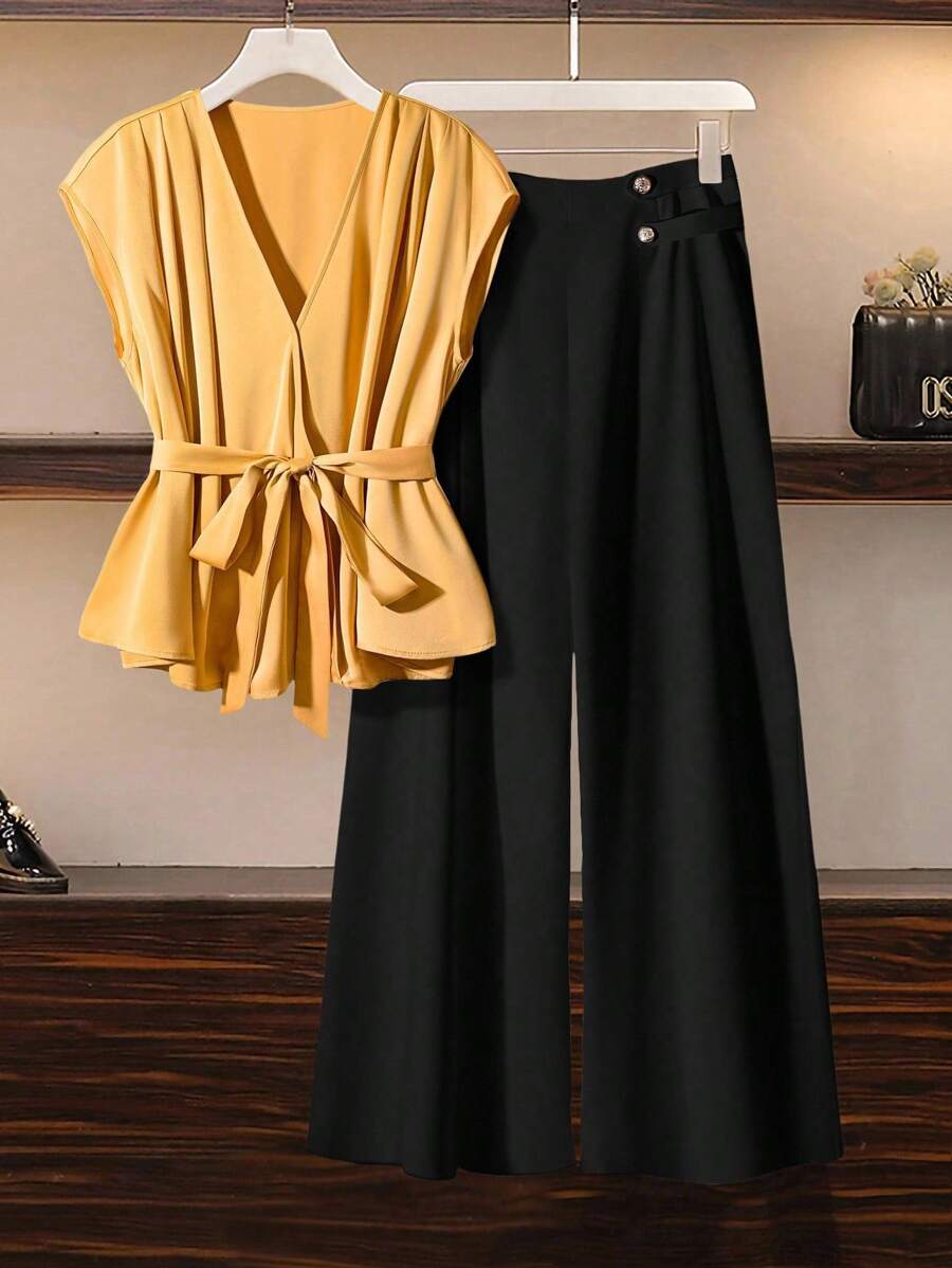 GlowEve CURVE Plus Size Elegant Casual V-Neck Satin Loose Sleeveless Shirt And High Waist Wide Leg Pants 2 Pieces Set, Suitable For Summer, Back To School, Graduation, Holidays, Valentine's Day, Music Festivals, Mother's Day, Halloween, Thanksgiving, Easter, National Day, Ball, Date, Party, Wedding, Outdoor Activities - Multicolor - View 1