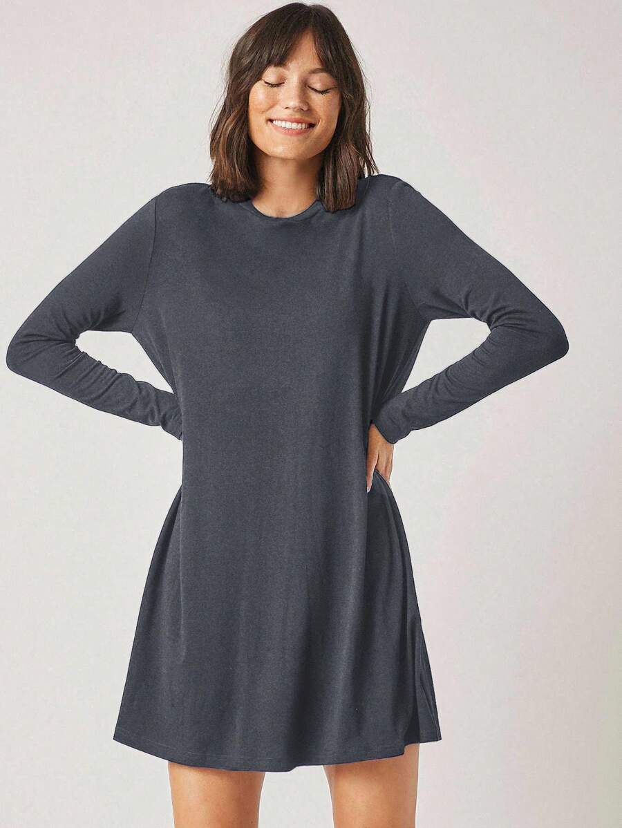 EURMUSE Women's Solid Color Round Neck Loose Casual Long-Sleeved Dress - Dark Grey - View 1