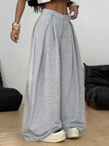 Coolane 女式夏季复古休闲嬉皮街头超大法式灰色弧形下摆宽松裤 - 淺灰色 - 查看 2