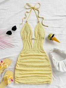 Soleia Vestido Mini Texturizado Decotado Nas Costas Cor Sólida, Ideal para Férias - Luz amarela - Visão 3