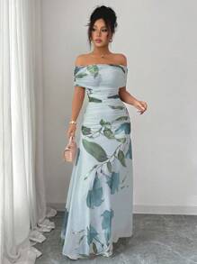 Modelyn Women's Mesh Printed Off-Shoulder Ruffle Summer Casual Dress - Blue - View 4