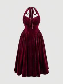 SHEIN MOD 大码天鹅绒挂脖连衣裙、派对晚礼服 - 酒紅色 - 查看 3