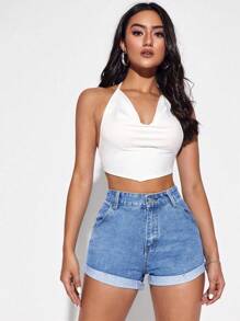 SHEIN Essnce Shorts en mezclilla bajo de doblez - Lavado ligero - Ver 4