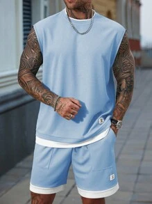 Manfinity Homme Casual Men's Blue Round Neck Tank Top And Shorts Set In Knitted Fabric