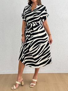 SHEIN CURVE+ 大码女式休闲日常斑马纹连衣裙 - 彩色 - 查看 7