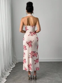 Modelyn Women's Floral Print Draped Neck Bodycon Dress - Pink - View 2