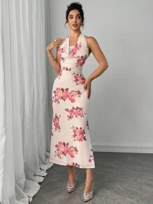 Modelyn Women's Floral Print Draped Neck Bodycon Dress - Pink - View 3