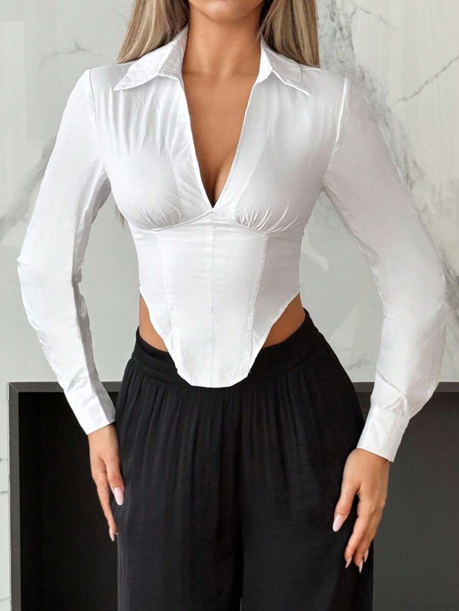 SHEIN ICON Blusa de mujer de manga larga con cuello en V, ajustada, sexy y ropa de mujer para otoño - Blanco - Ver 1