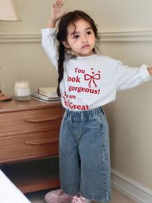 Dazy Kids Baby Girls' Casual Bow Embroidery Korean Style Long Denim Jeans,Toddler Fall Clothes