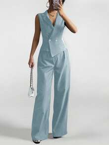 SHEIN PETITE 两件套秋季服装 2 件套女士纯色无袖上衣和裤子秋季衣服 - 霧霾藍 - 查看 8