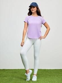 SHEIN Cheerettes 网眼拼布圆领休闲短袖运动T恤 - 淡紫色 - 查看 4