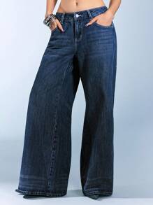 Betty Boop | ROMWE Y2K复古街头风 Betty联名款 Angel Demon 宽松低腰牛仔裤 - 藍色 - 查看 5